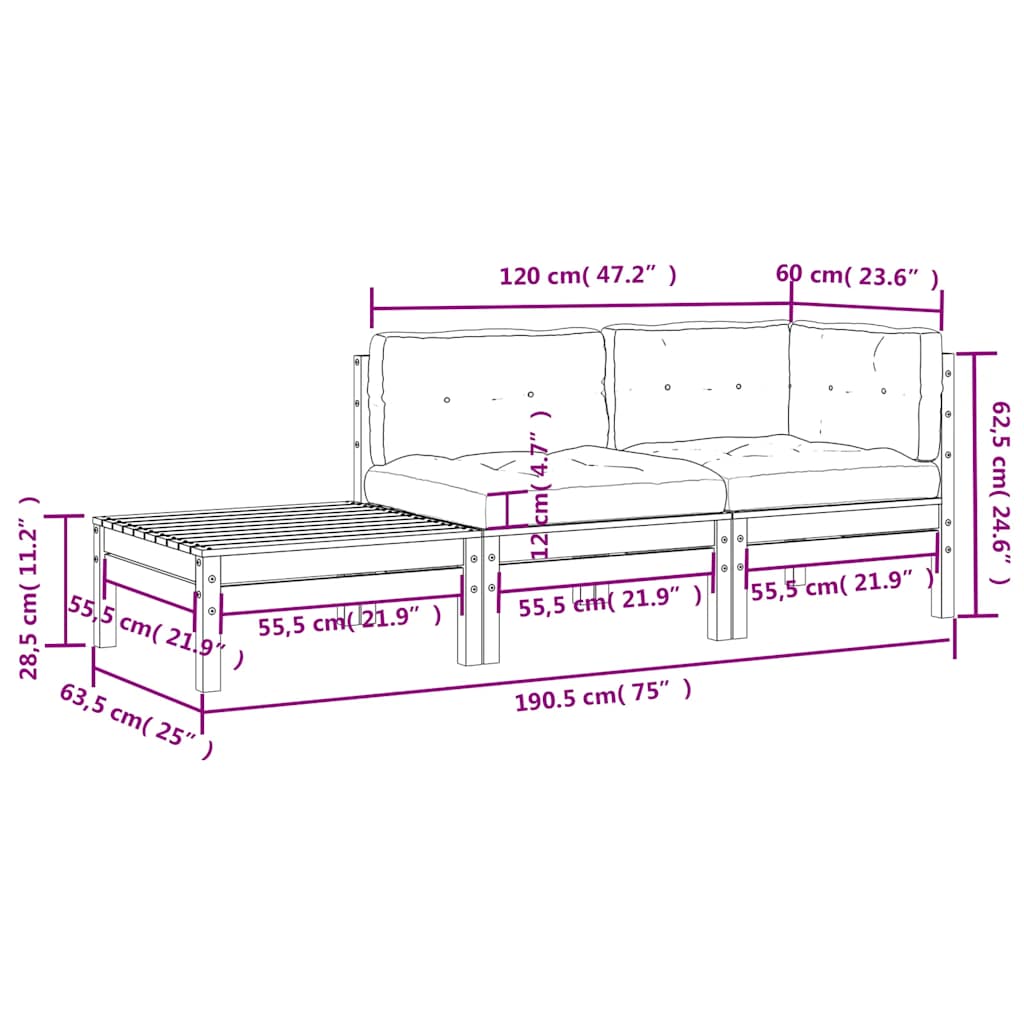 Juego de muebles de jardín 3 pzas y cojines blanco madera pino