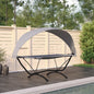 Garden sun lounger with steel canopy and cream oxford fabric