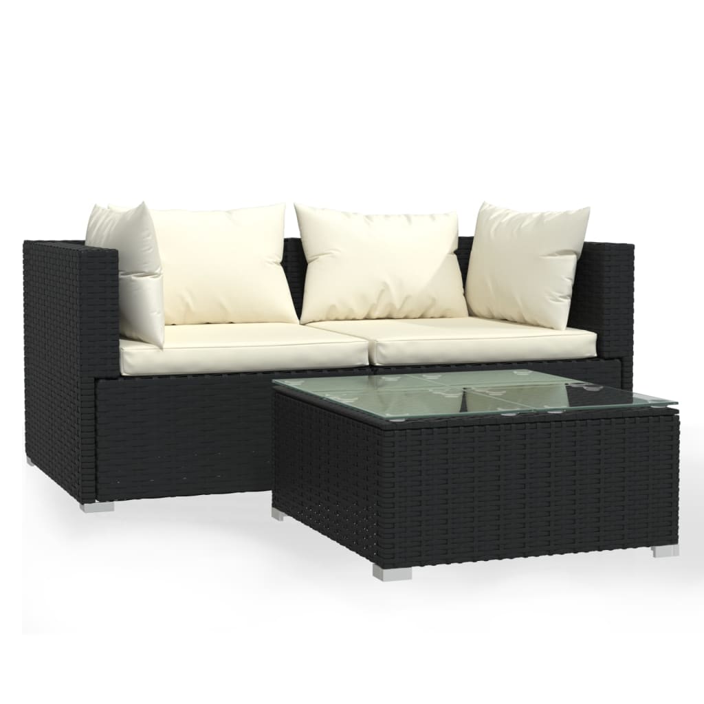 Set de muebles de jardín 3 pzas y cojines ratán sintético negro