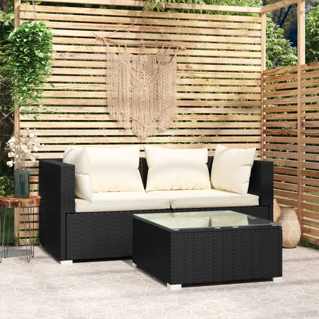 Set de muebles de jardín 3 pzas y cojines ratán sintético negro