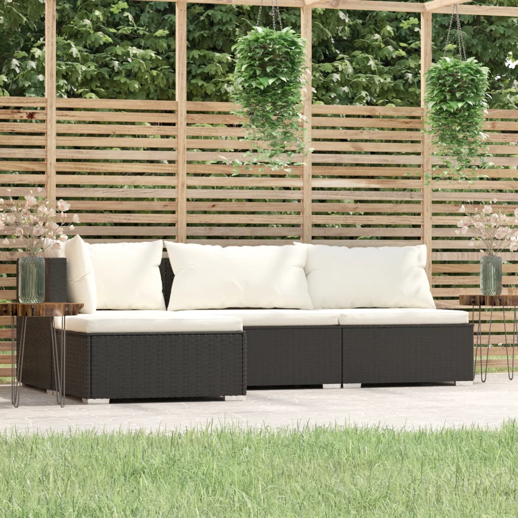 Conjunto de móveis de jardim de 4 peças com almofadas em vime sintético cinzento