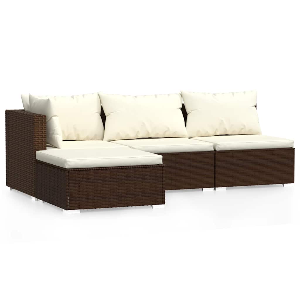 Set muebles de jardín 4 piezas y cojines ratán sintético marrón