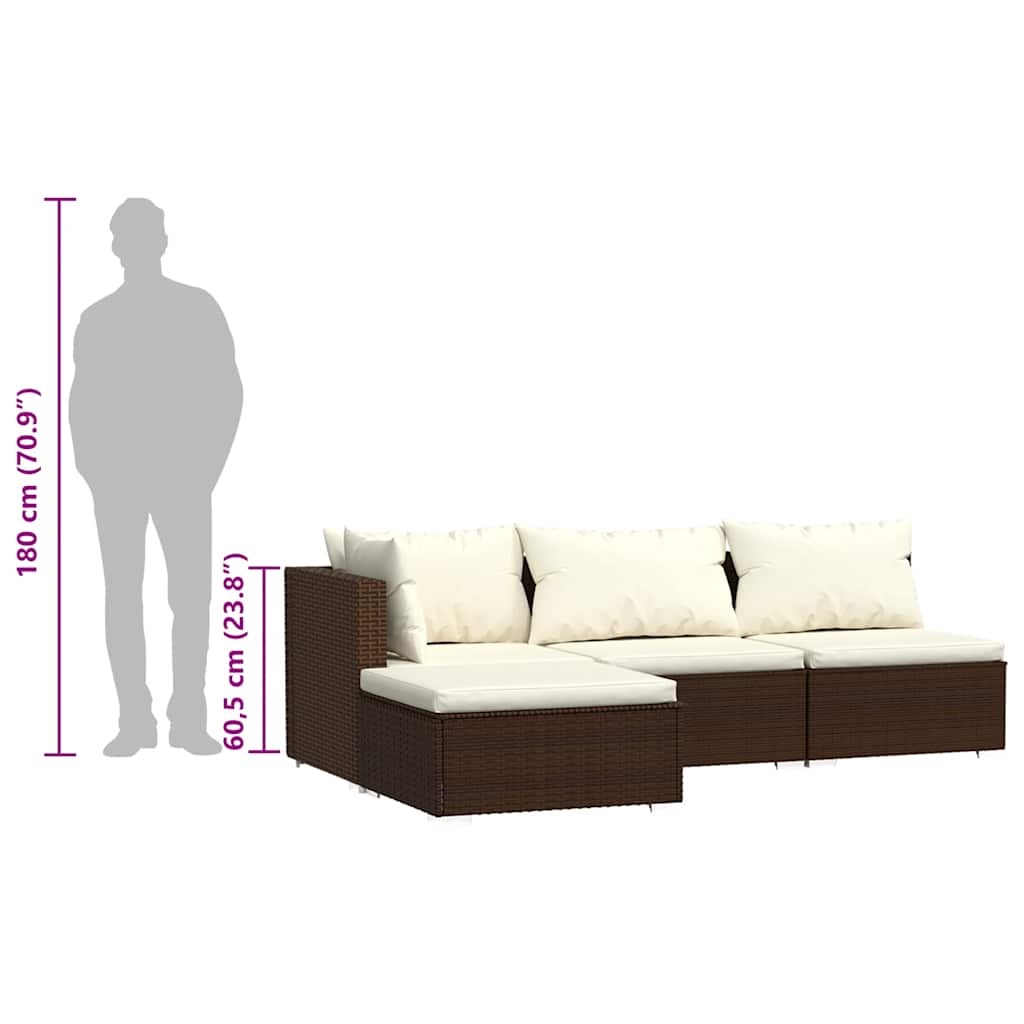 Set muebles de jardín 4 piezas y cojines ratán sintético marrón
