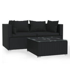 Set de muebles de jardín 3 pzas y cojines ratán sintético negro
