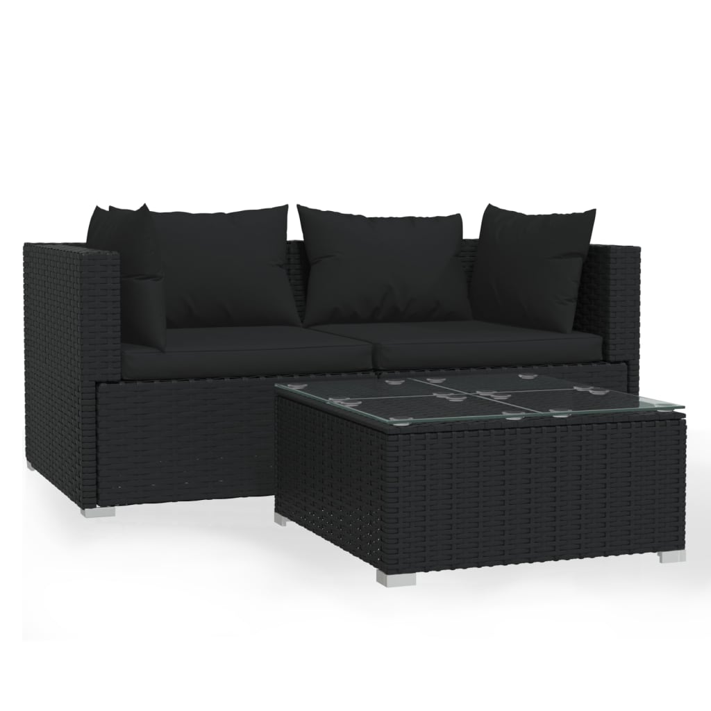 Set de muebles de jardín 3 pzas y cojines ratán sintético negro
