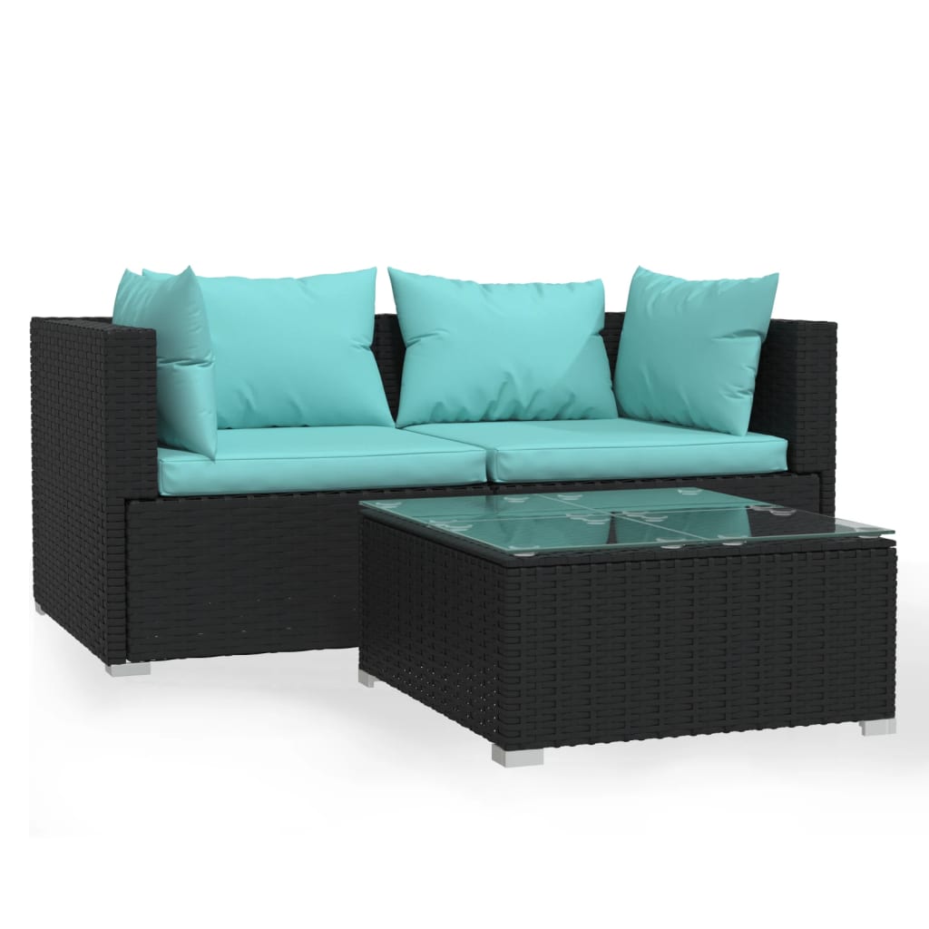 Set de muebles de jardín 3 pzas y cojines ratán sintético negro