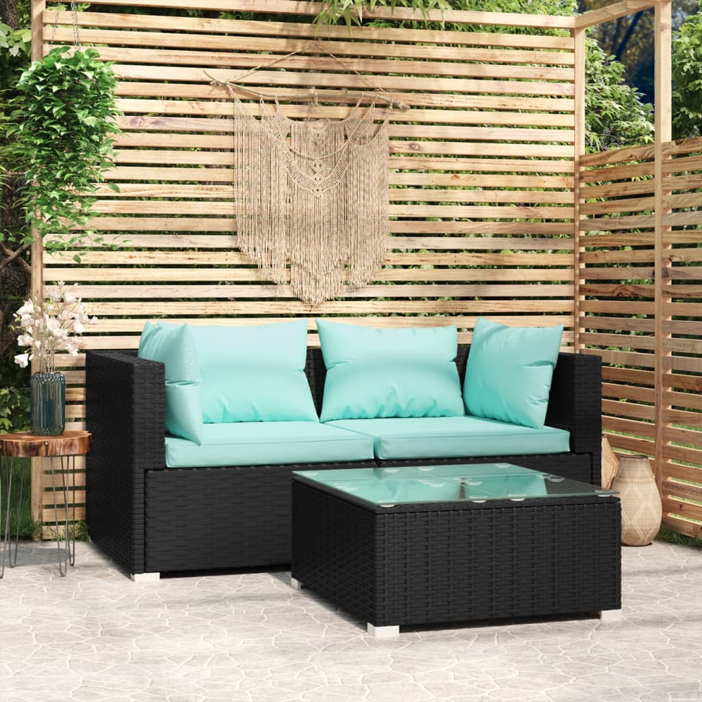 Set de muebles de jardín 3 pzas y cojines ratán sintético negro