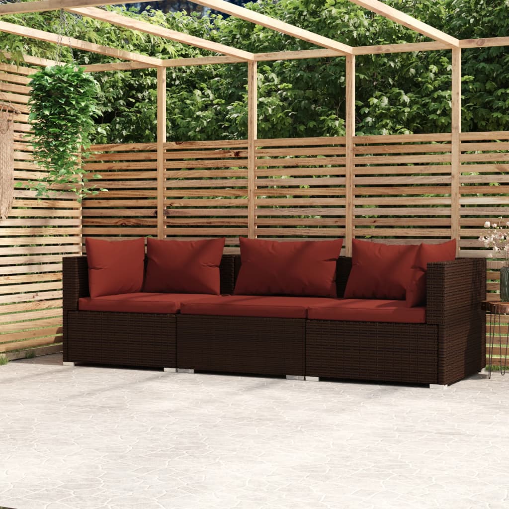 Sofá de jardim de 3 lugares com almofadas em vime sintético cinzento