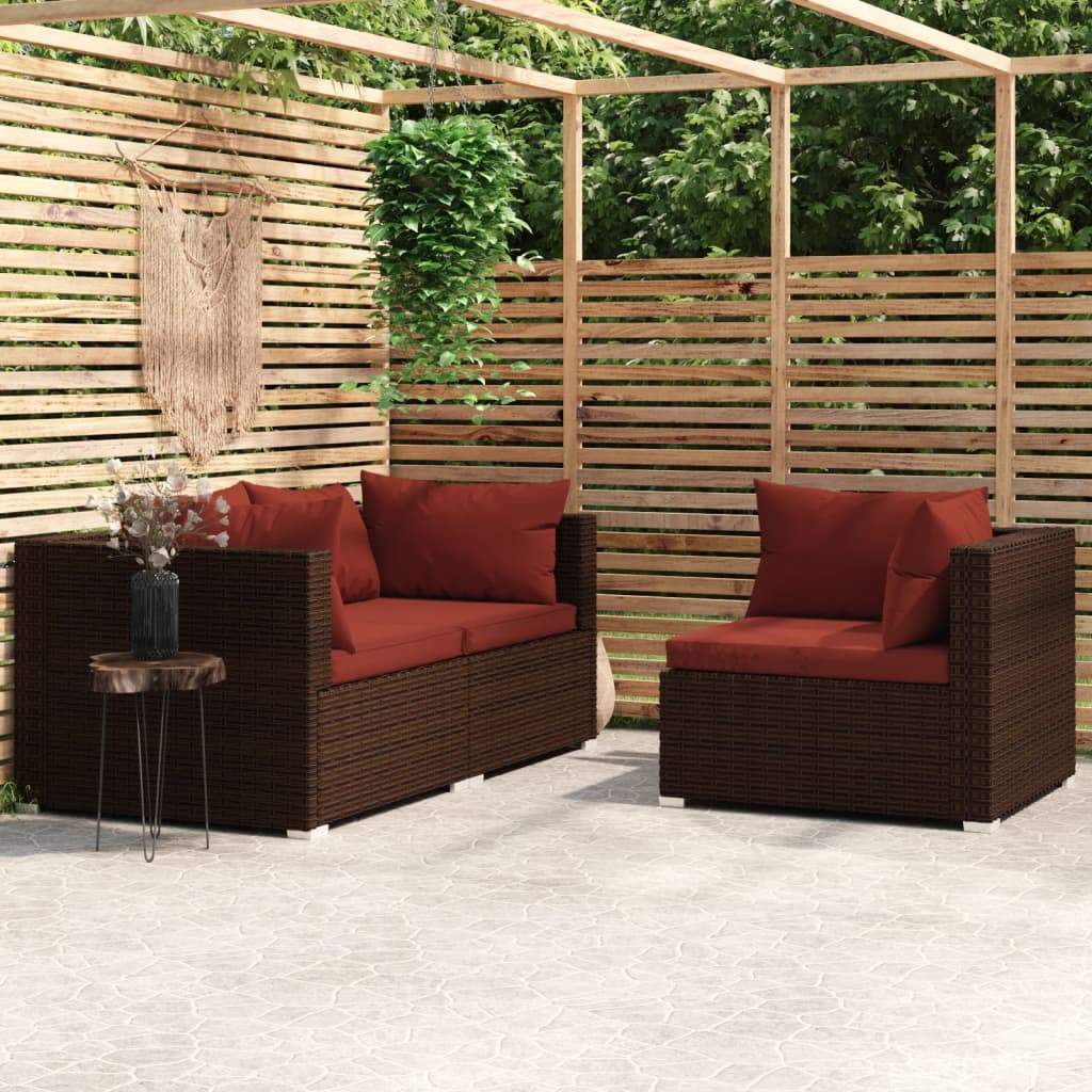 Set muebles de jardín 3 piezas y cojines ratán sintético marrón