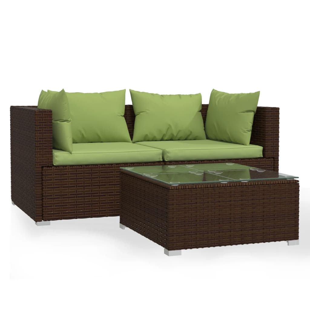 Set muebles de jardín 3 piezas y cojines ratán sintético marrón