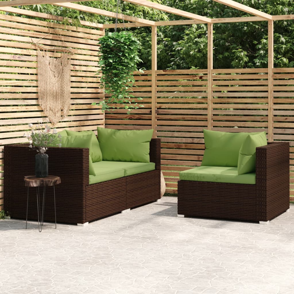 Set muebles de jardín 3 piezas y cojines ratán sintético marrón