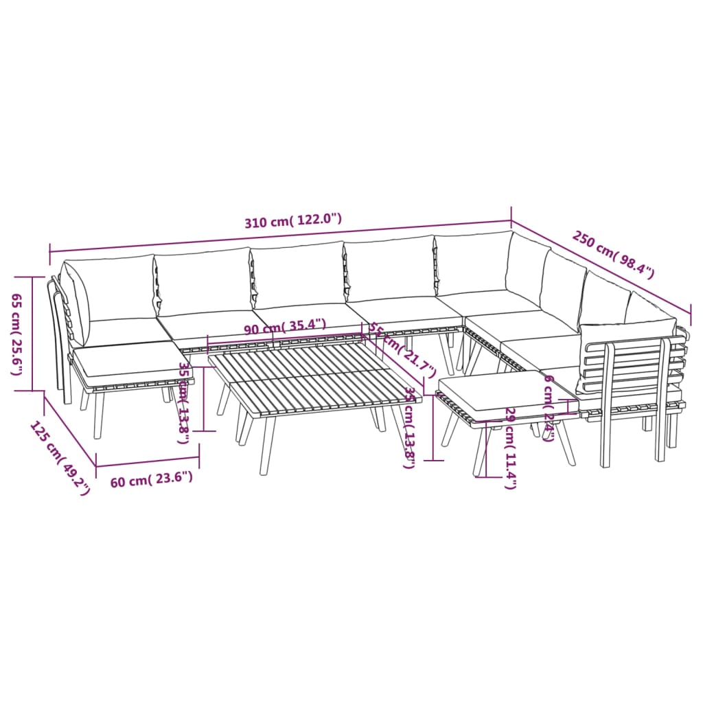 Juego muebles de jardín y cojines 12 pzas madera maciza acacia