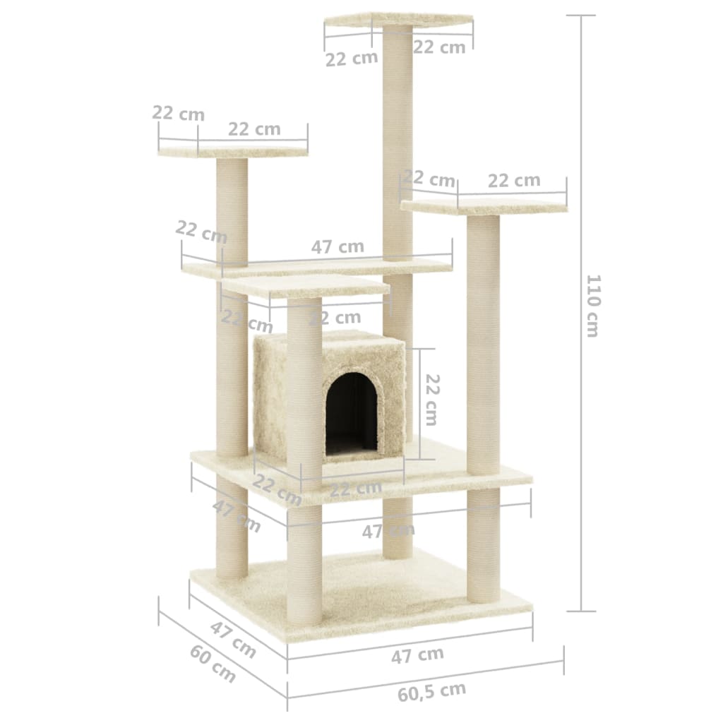 Rascador para gatos con postes de sisal crema 110 cm