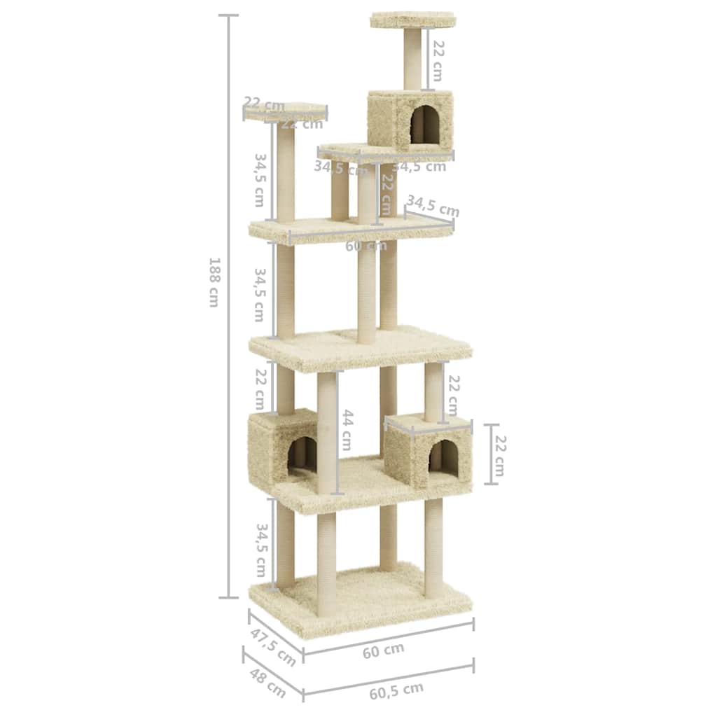 Rascador para gatos con postes de sisal crema 188 cm
