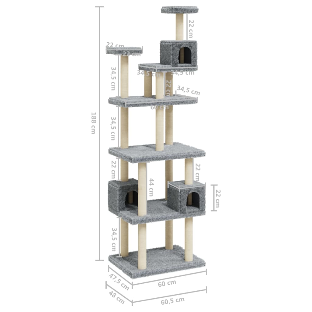 Rascador para gatos con postes de sisal gris claro 188 cm