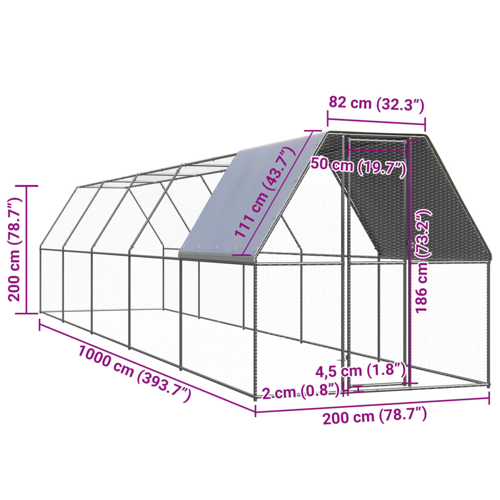 Jaula gallinero de exterior de acero galvanizado 2x10x2 m