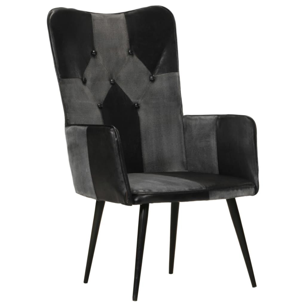 Sillón orejero cuero auténtico negro y gris