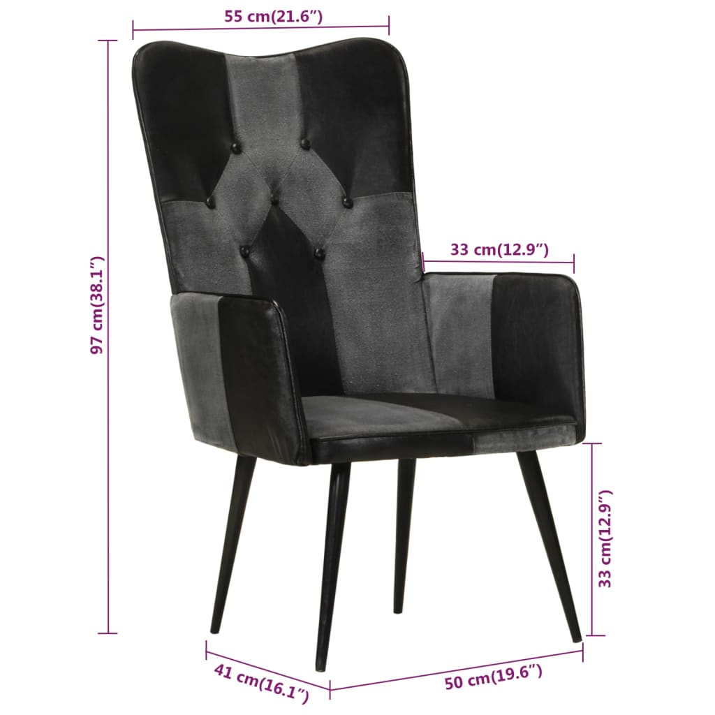 Sillón orejero cuero auténtico negro y gris