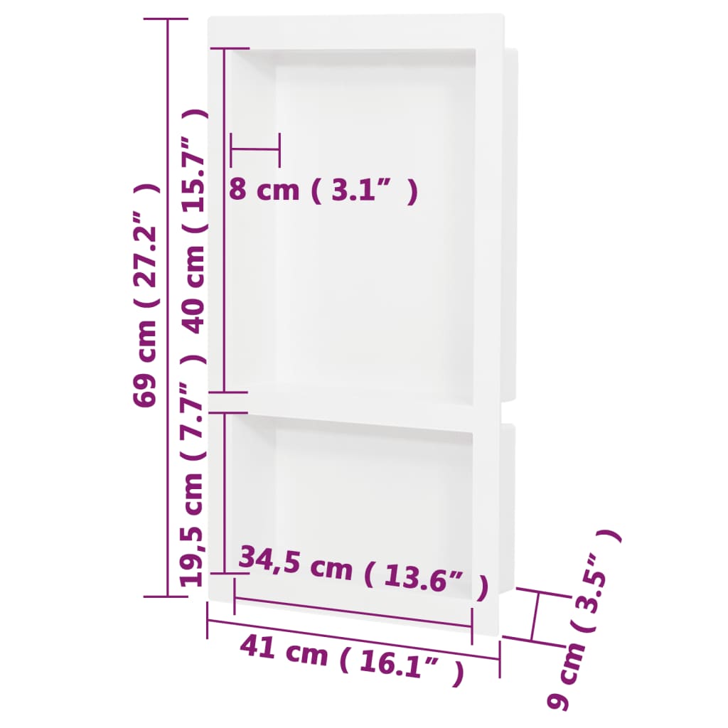 Hornacina de ducha 2 compartimentos blanco brillo 41x51x10 cm