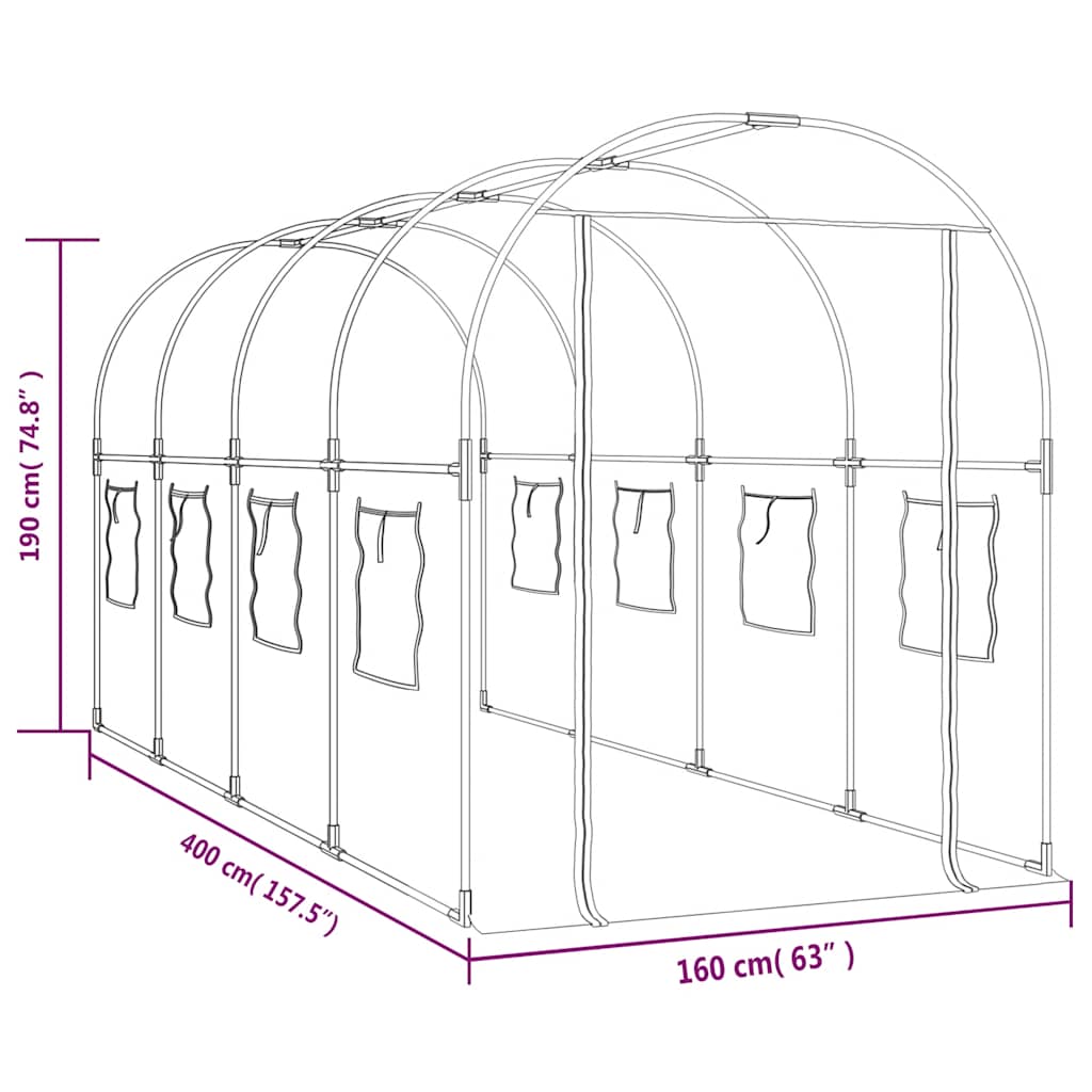 Invernadero PVC acero pintado polvo transparente 160x400x190cm