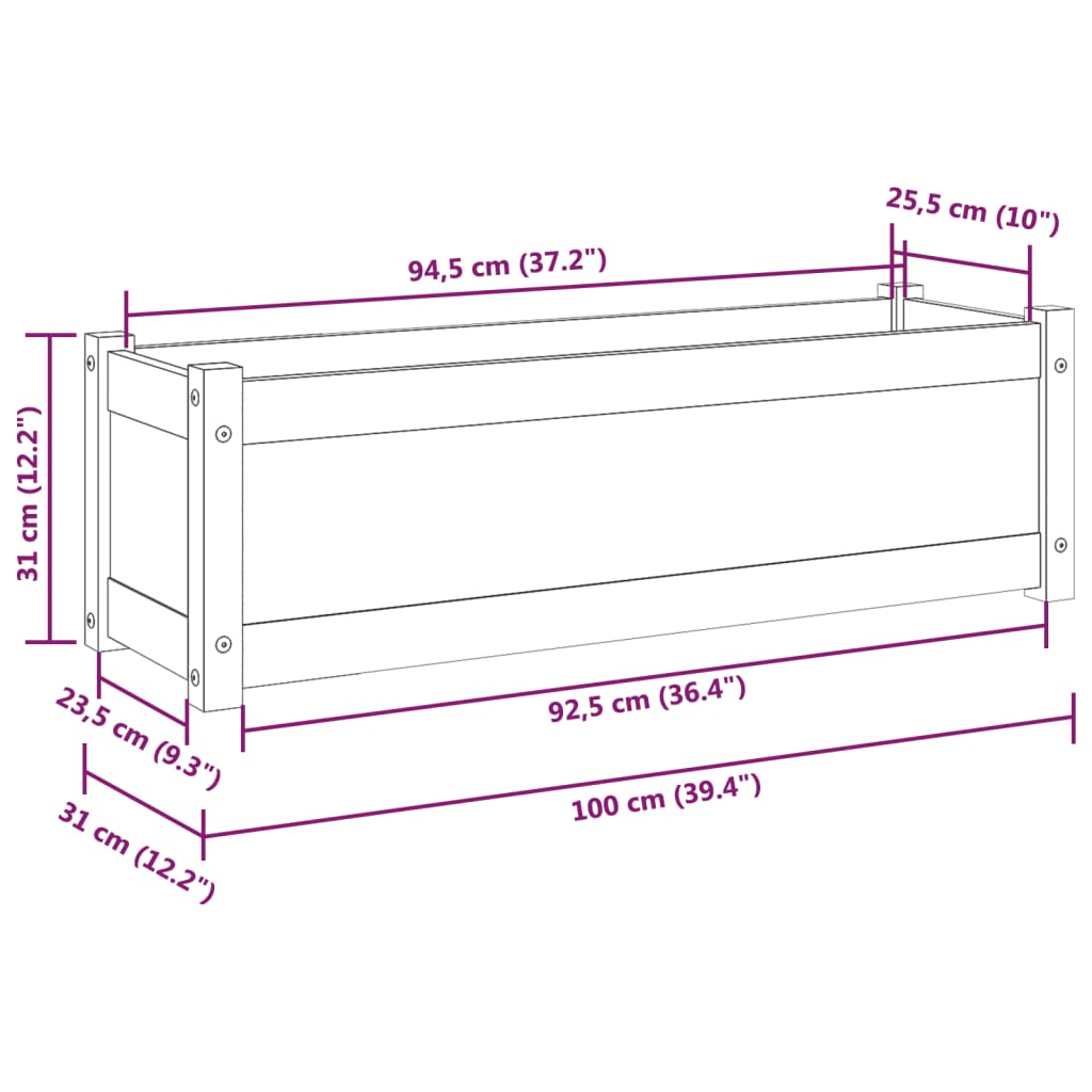 Jardinera de madera maciza de pino 100x31x31 cm
