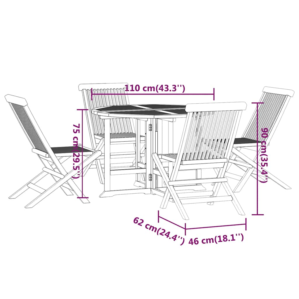 Set de comedor de jardín plegable 5 pzas madera maciza de teca