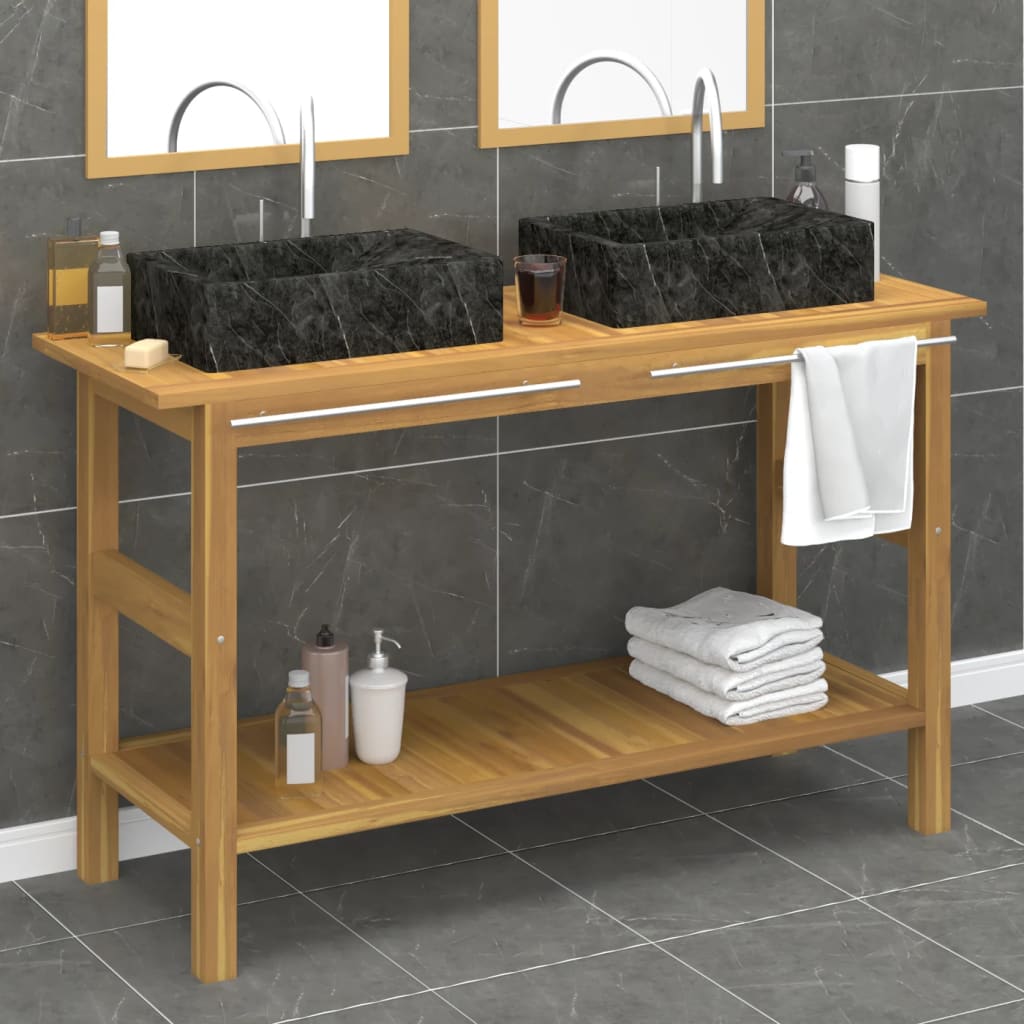 Solid teak bathroom vanity with cream marble sinks