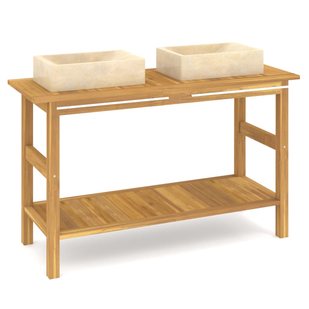 Tocador de baño madera maciza de teca con lavabos mármol crema