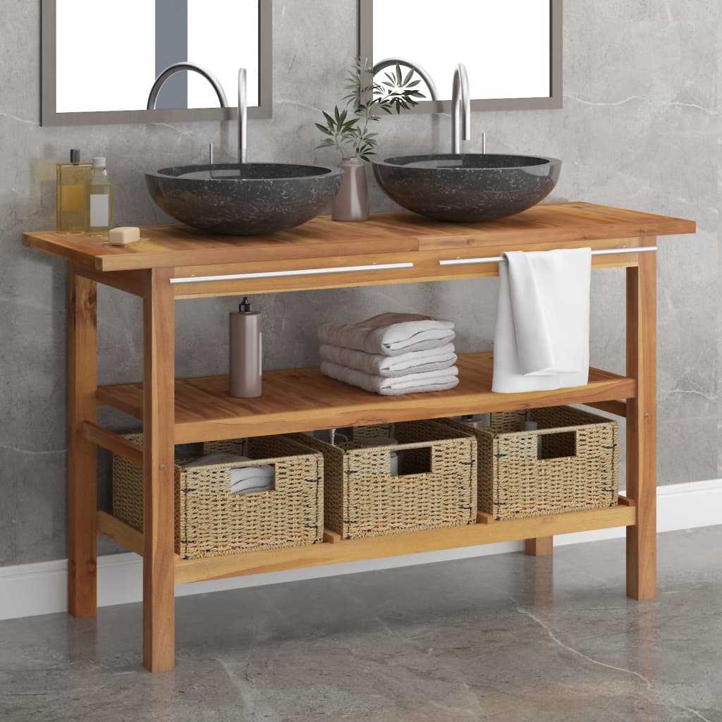 Bathroom vanity with river stone sinks solid teak wood