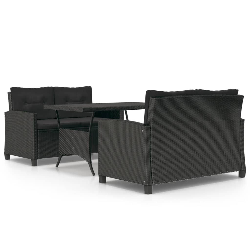 Set comedor de jardín 3 pzas con cojines ratán sintético negro