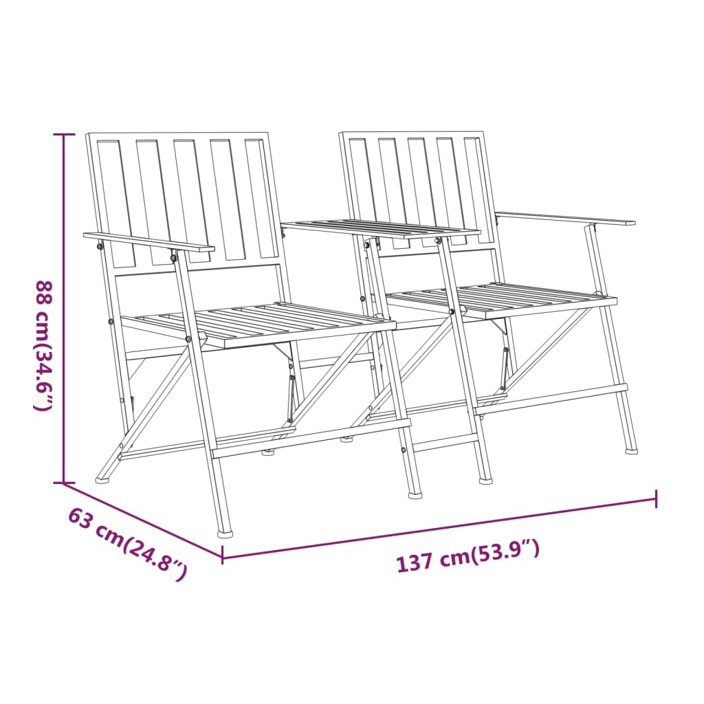 Banco plegable de jardín de dos plazas 137 cm acero negro