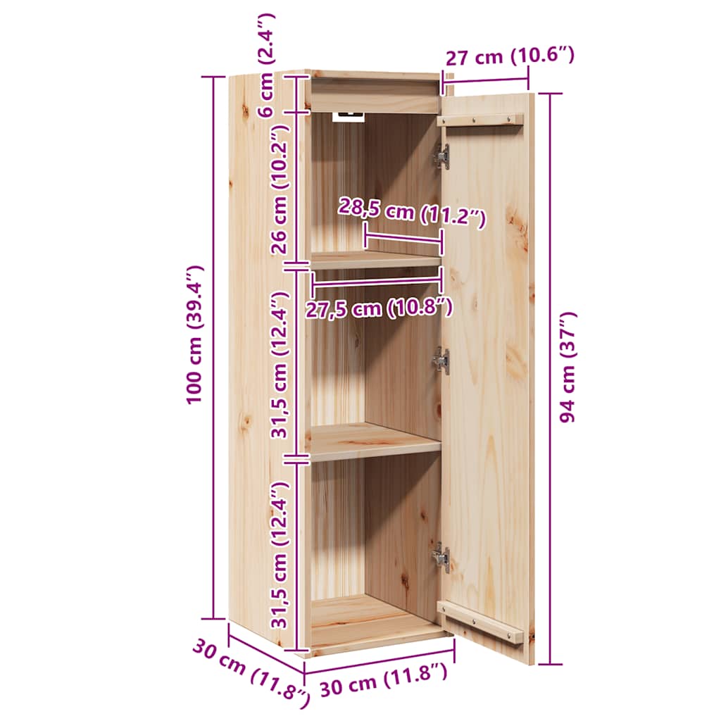 Armario de pared de madera maciza de pino 30x30x100 cm