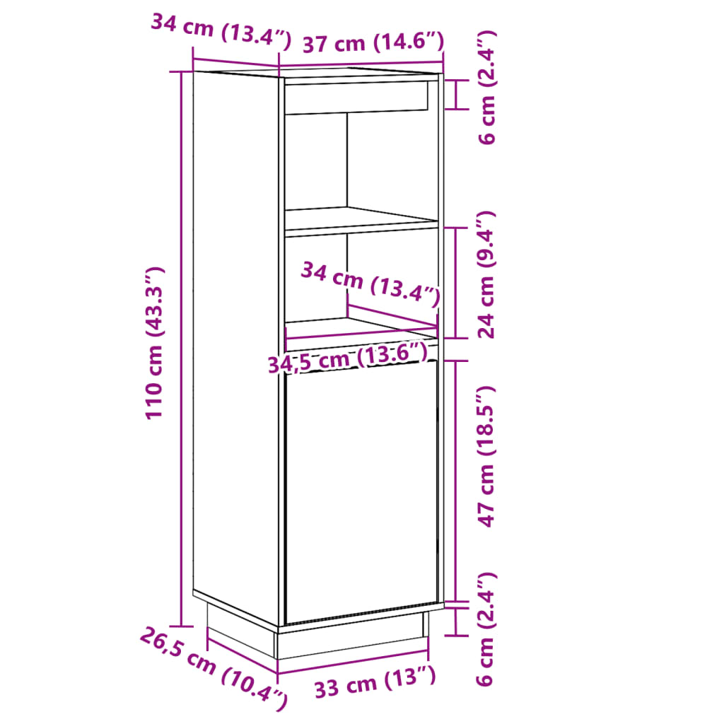 Aparador alto de madera maciza de pino 37x34x110 cm