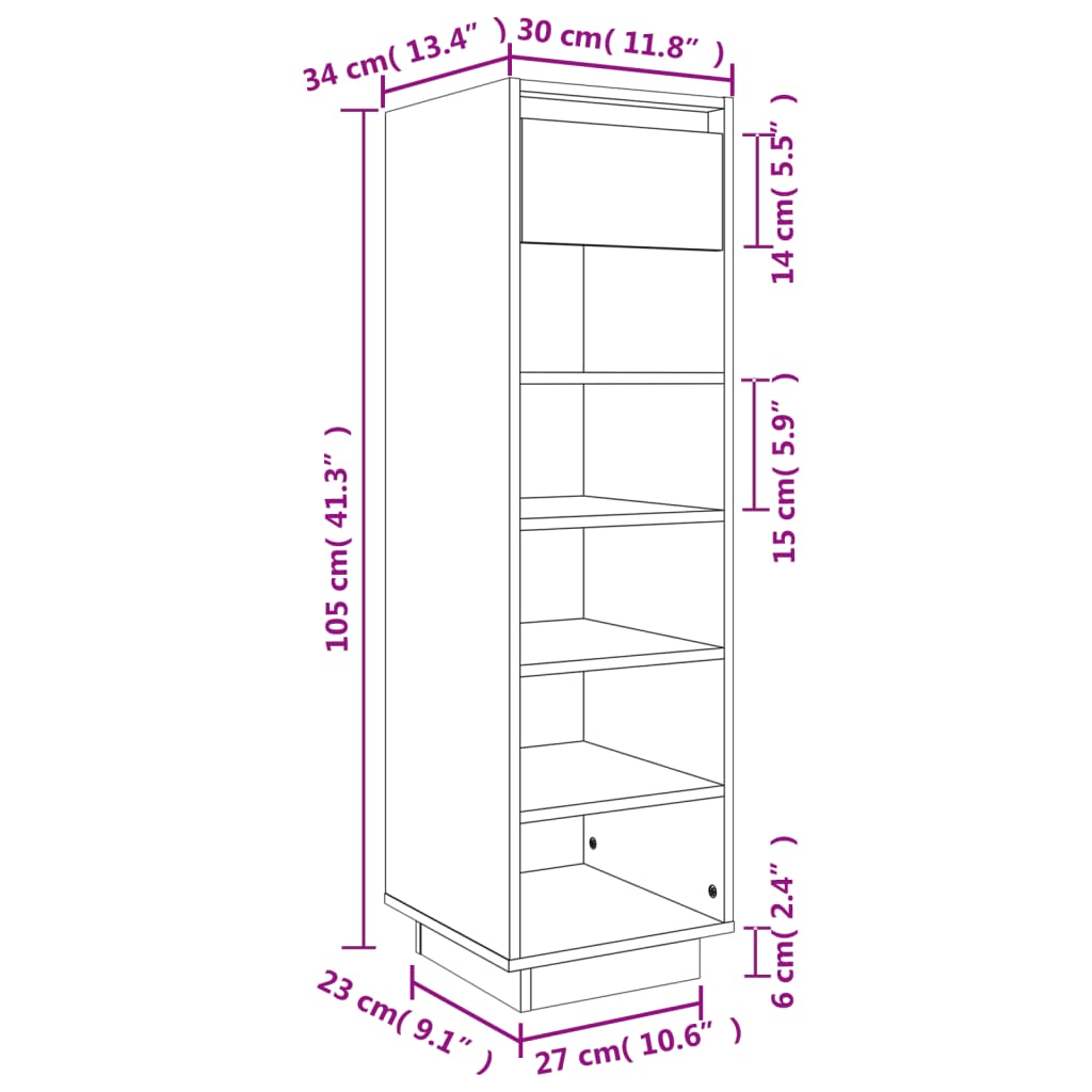 Mueble zapatero de madera maciza de pino gris 30x34x105 cm