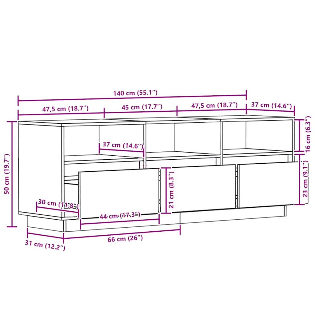 Mueble de TV de madera maciza de pino 140x37x50 cm