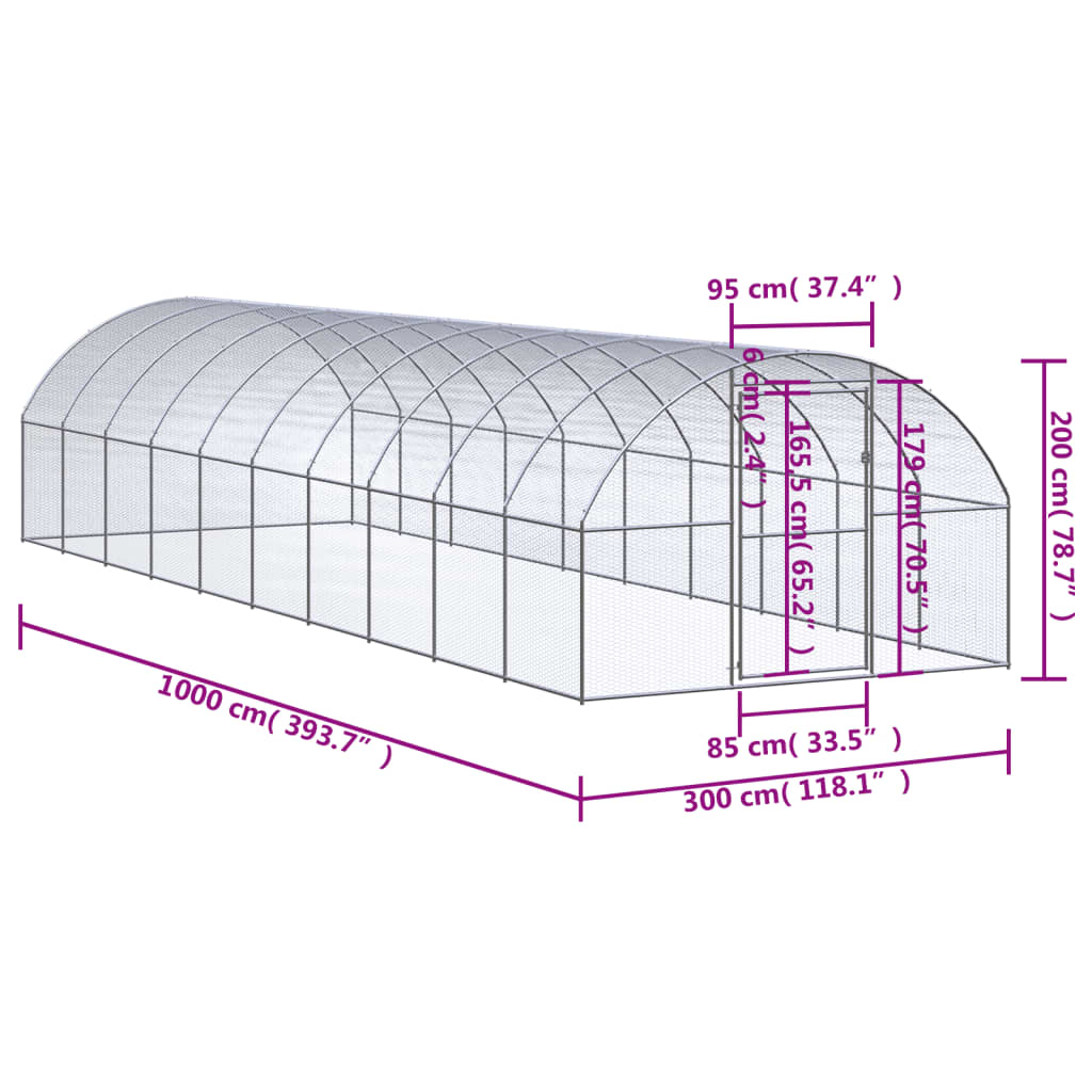 Gallinero de exterior de acero galvanizado 3x10x2 m