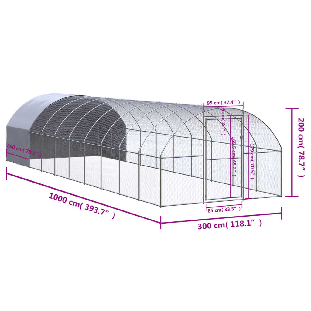Gallinero de exterior de acero galvanizado 3x10x2 m