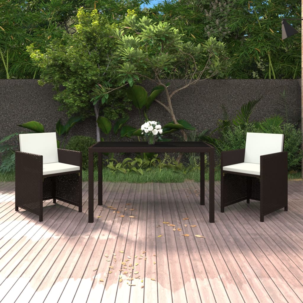 Conjunto de jantar de jardim 3 peças com almofadas de vime sintético cinzento