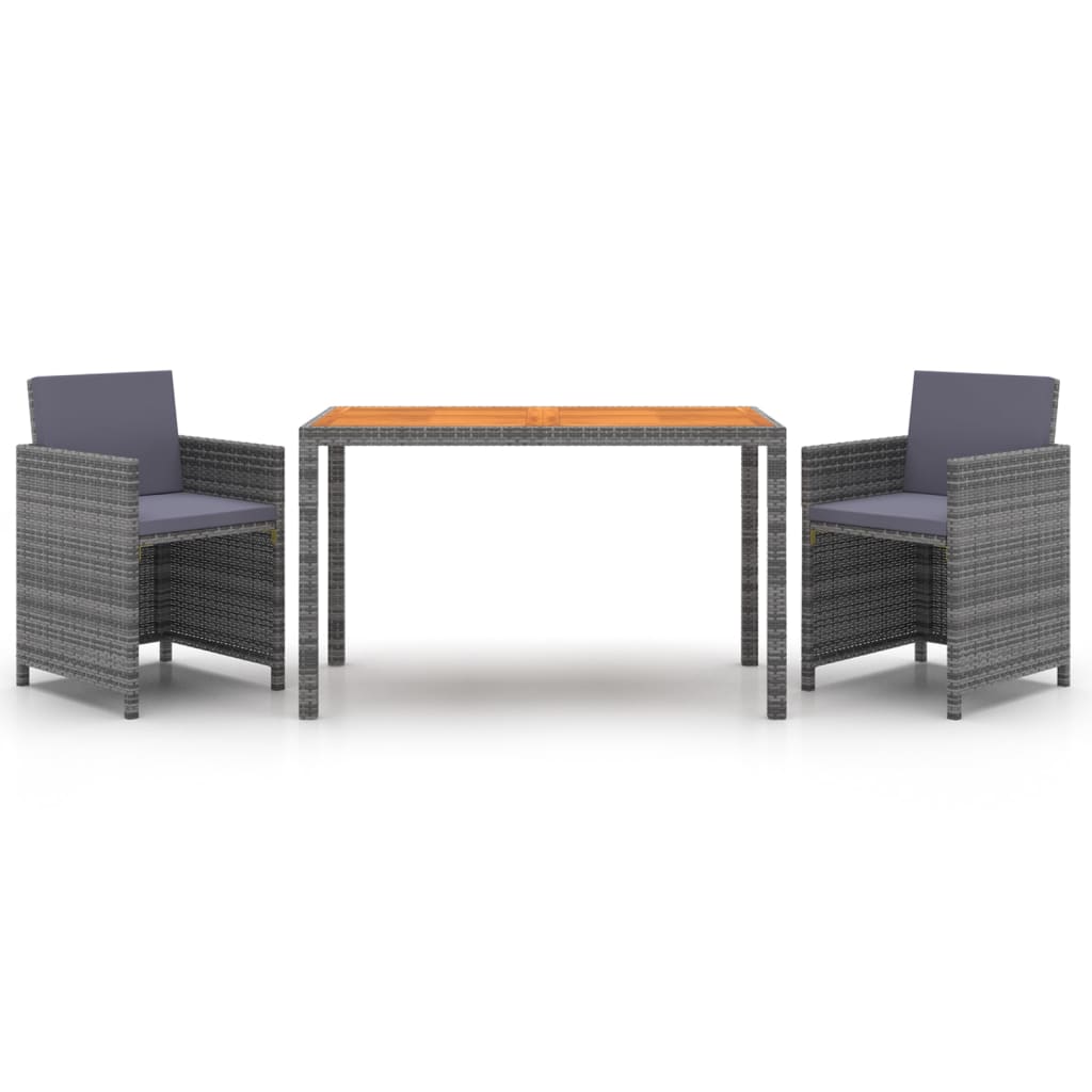 Set de comedor jardín 3 piezas con cojines ratán sintético gris