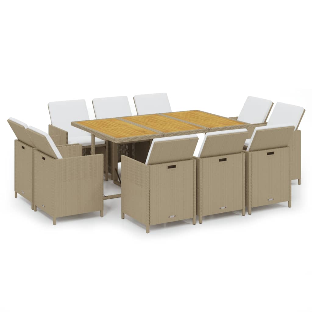Set comedor de jardín 11 piezas y cojines ratán sintético beige