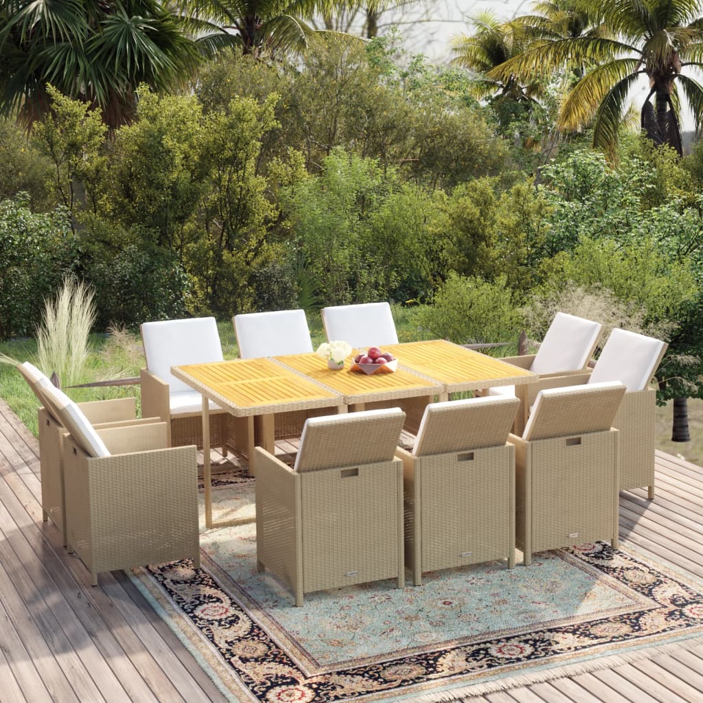 Set comedor de jardín 11 piezas y cojines ratán sintético beige