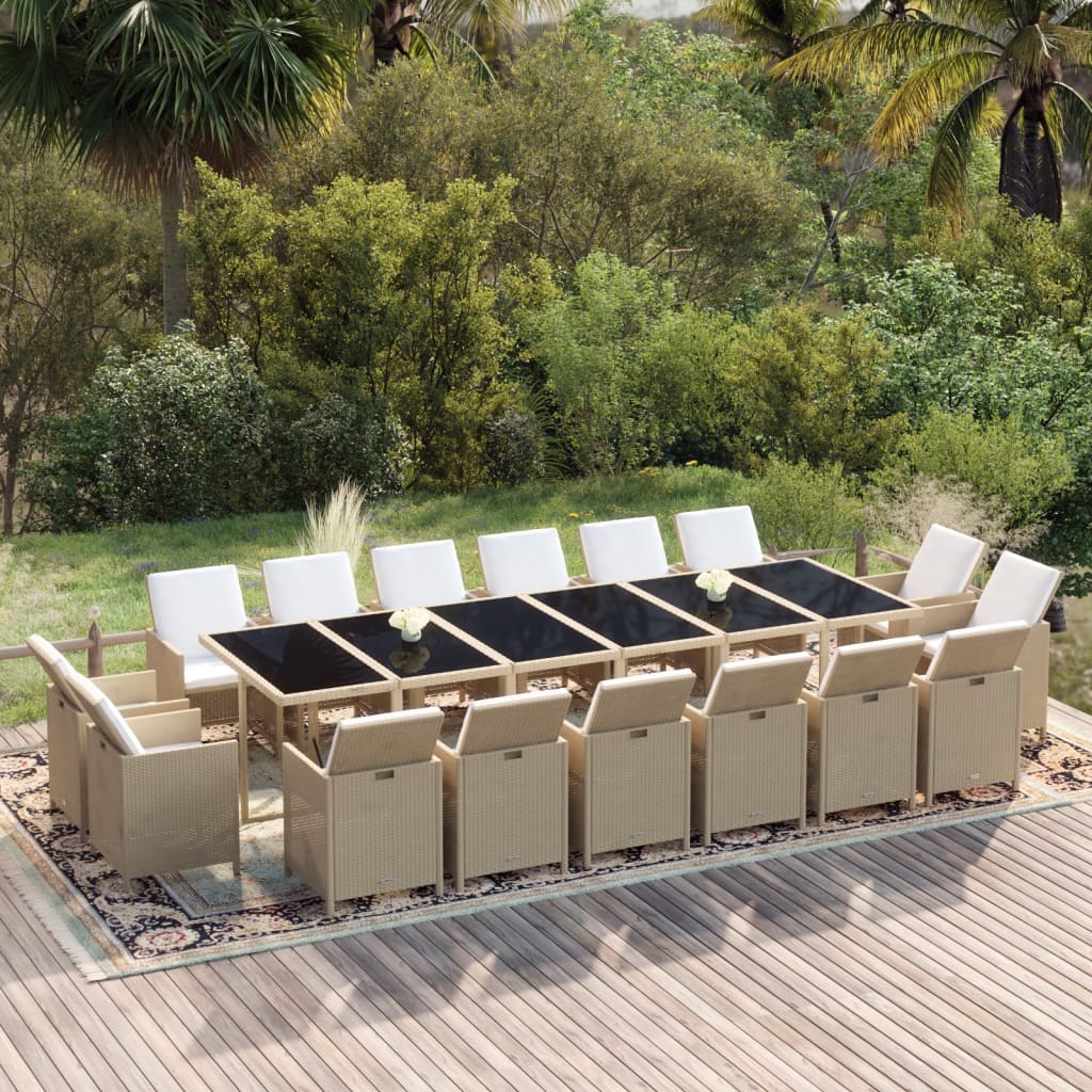Conjunto de jantar de jardim de 13 peças com almofadas de vime sintético castanho