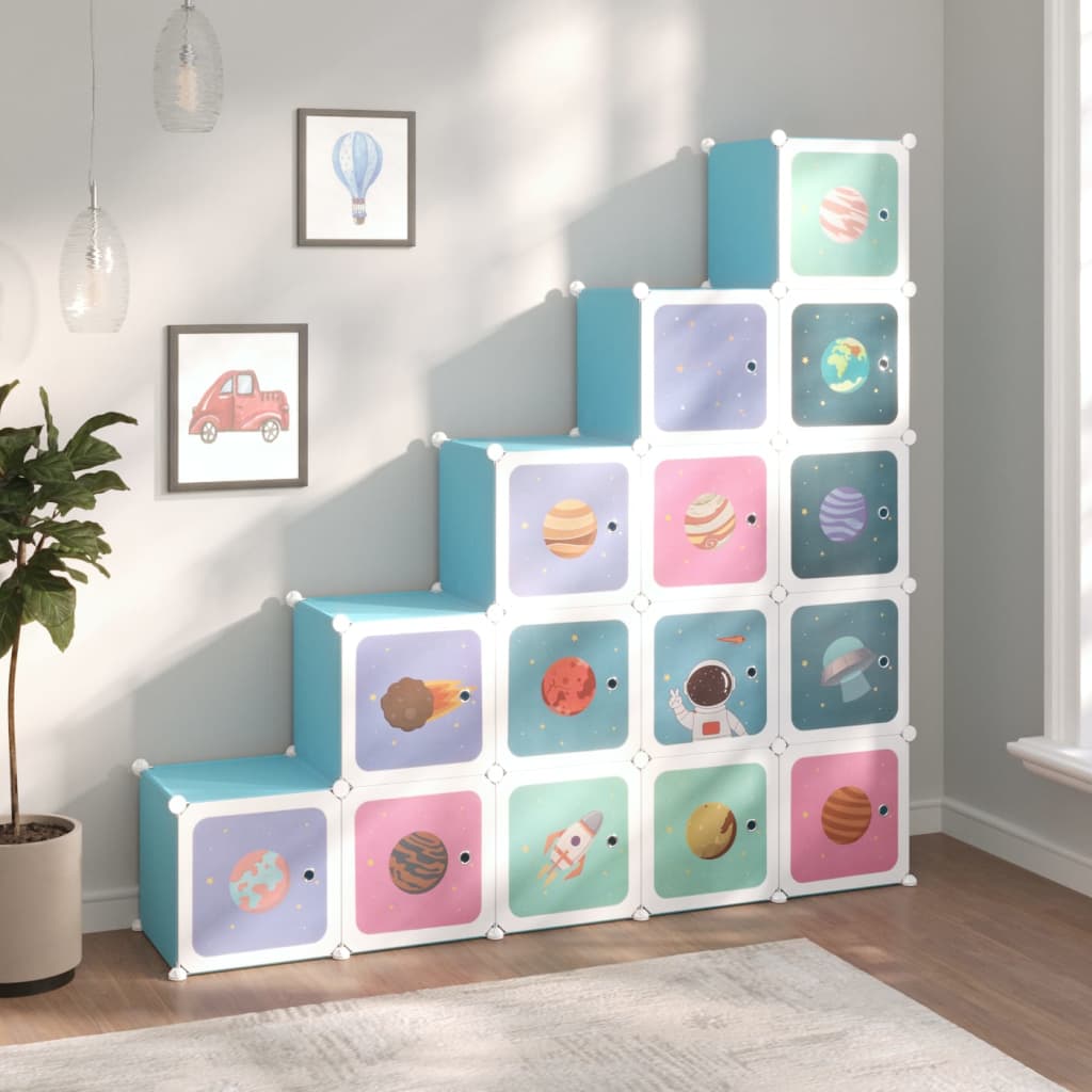 Kids' cube shelf with 15 compartments, white PP
