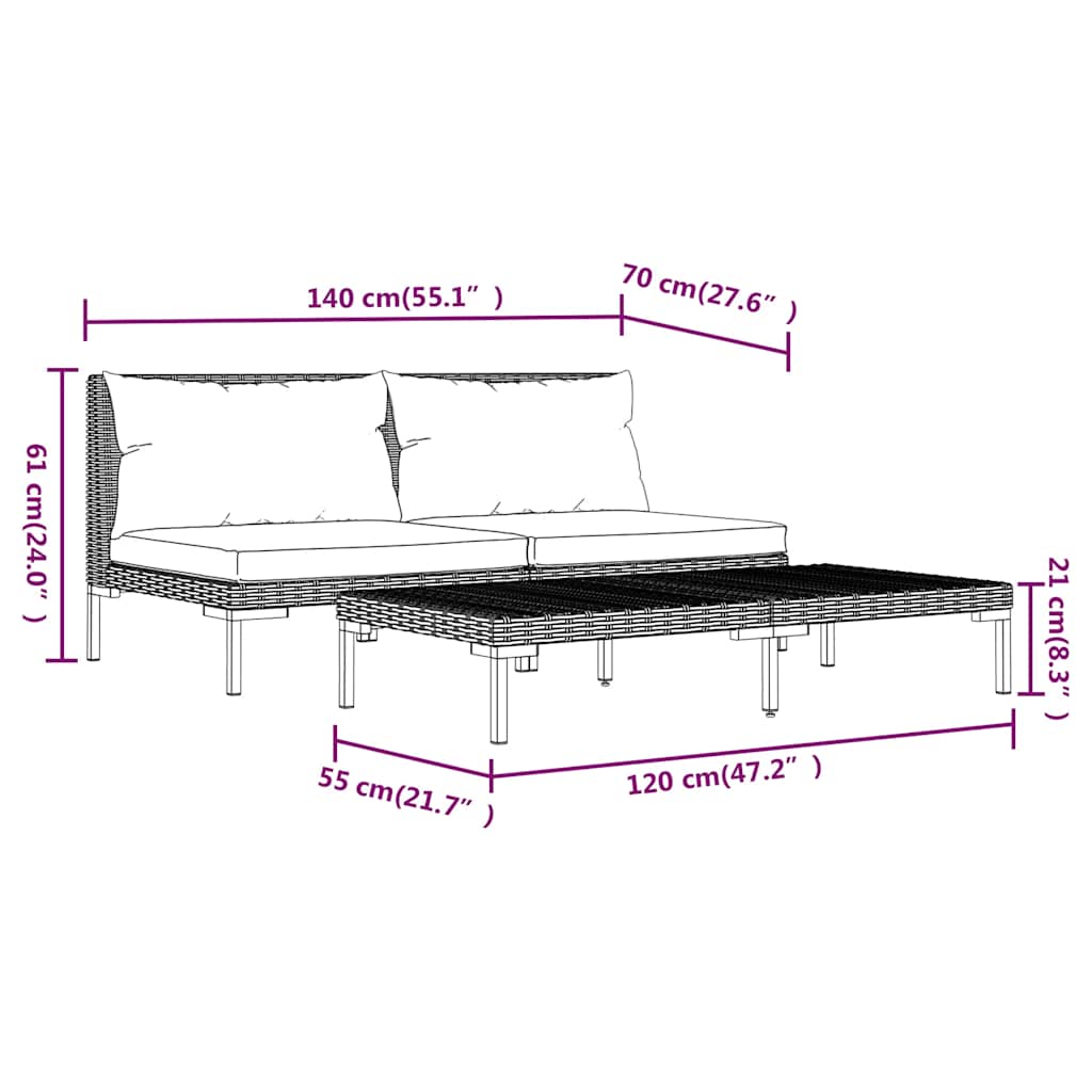 Muebles jardín 3 pzas ratán sintético semicircular gris oscuro