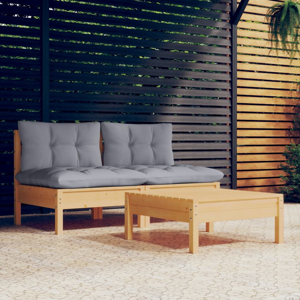 Juego de muebles de jardín 3 pzas y cojines madera de pino