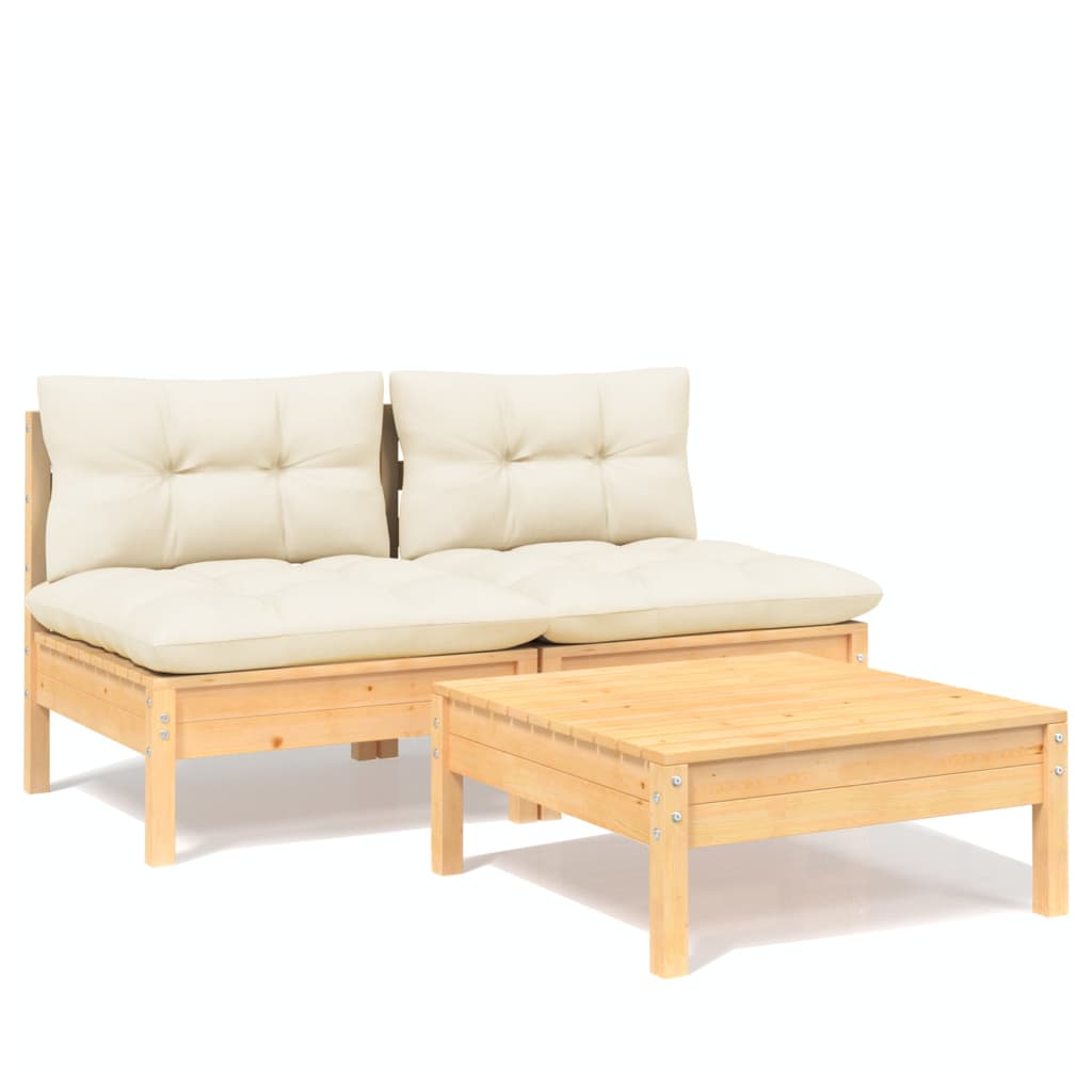 Muebles de jardín 3 piezas cojines madera de pino crema