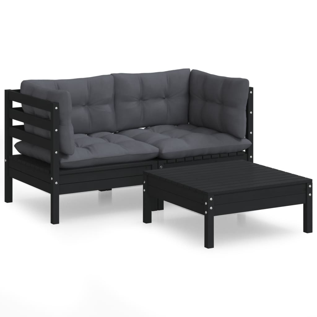 Muebles de jardín 3 pzas y cojines madera pino gris antracita