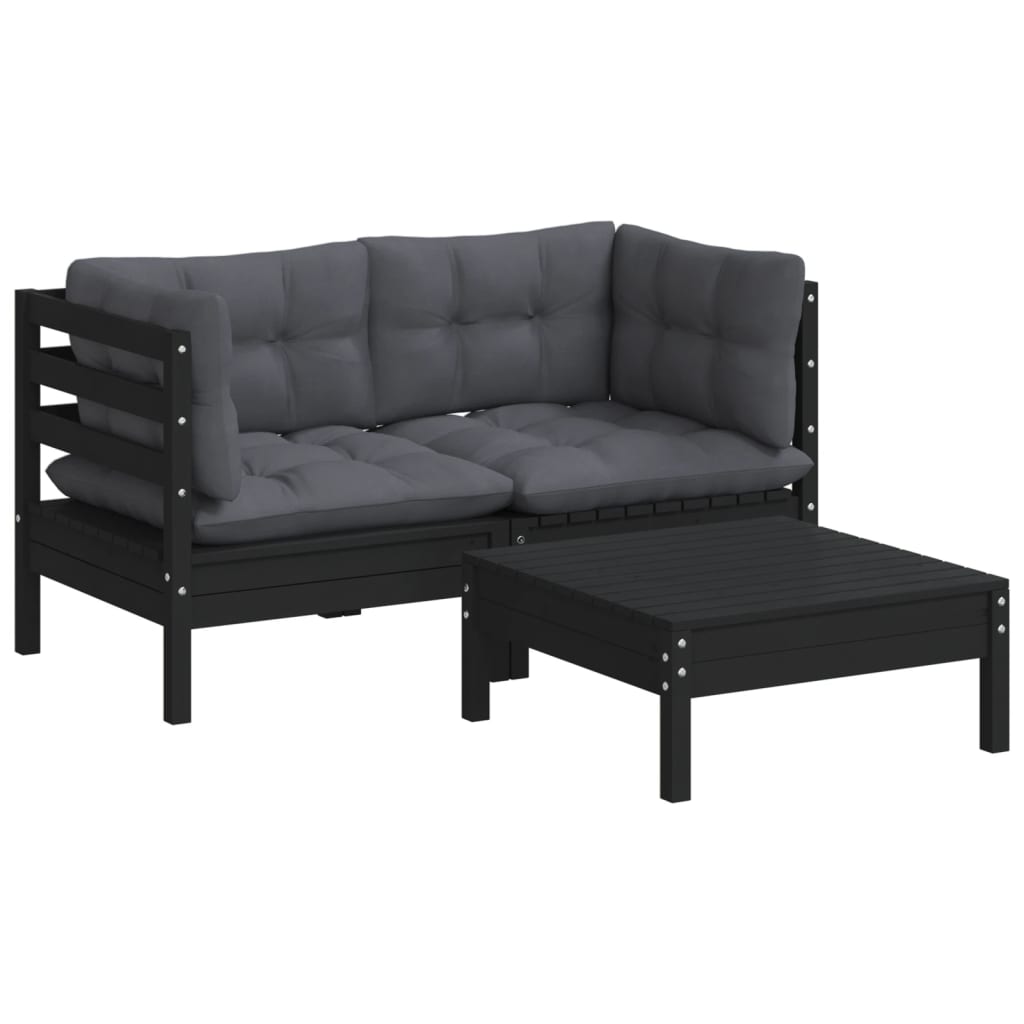 Muebles de jardín 3 pzas y cojines madera pino gris antracita