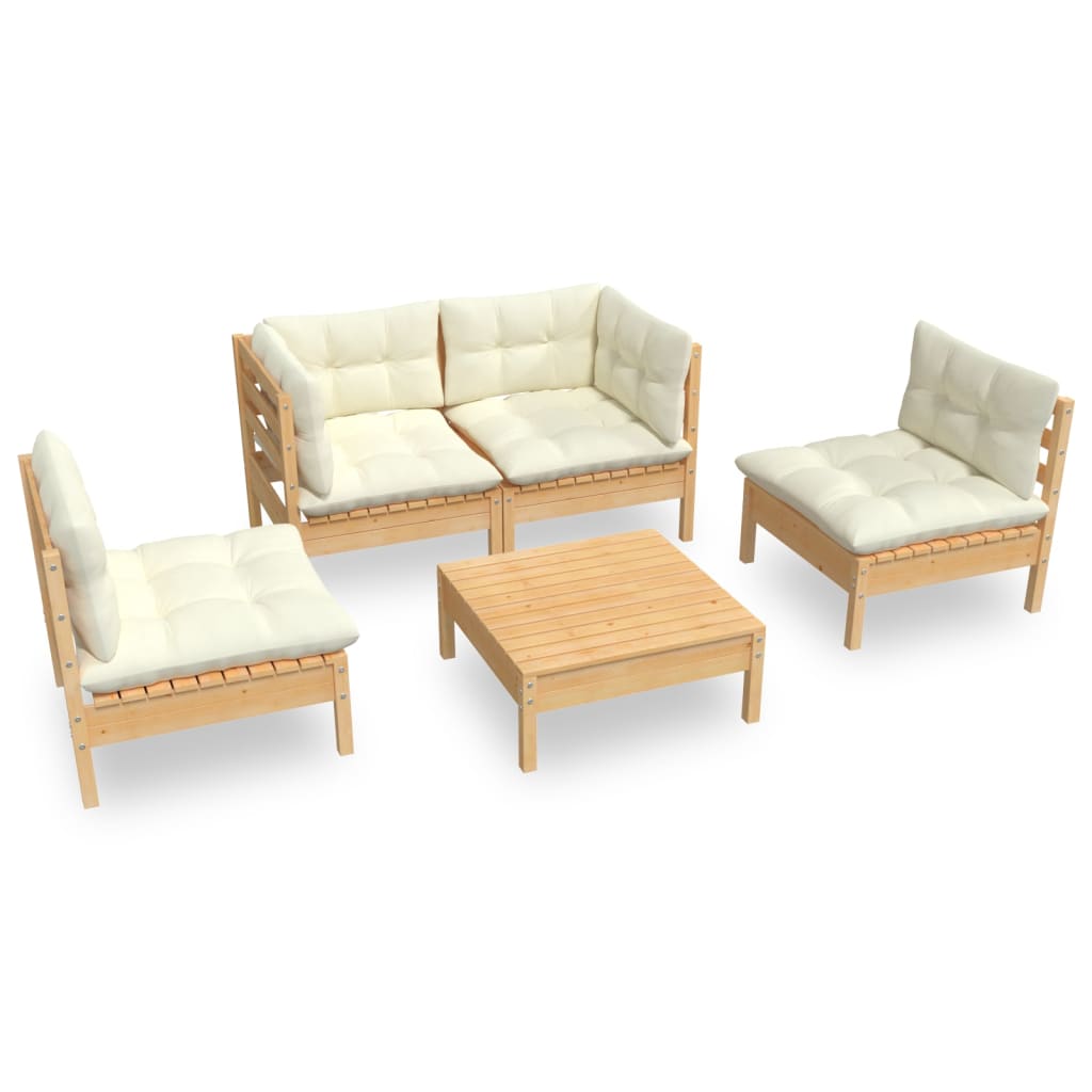 MMuebles de jardín 5 pzas y cojines madera maciza de pino crema