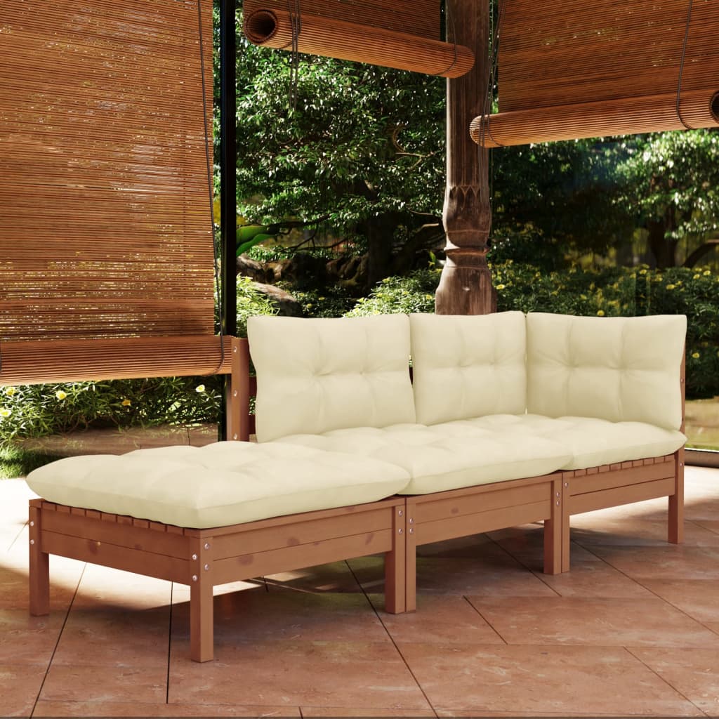 Móveis de jardim 3 peças almofadas madeira de pinho creme